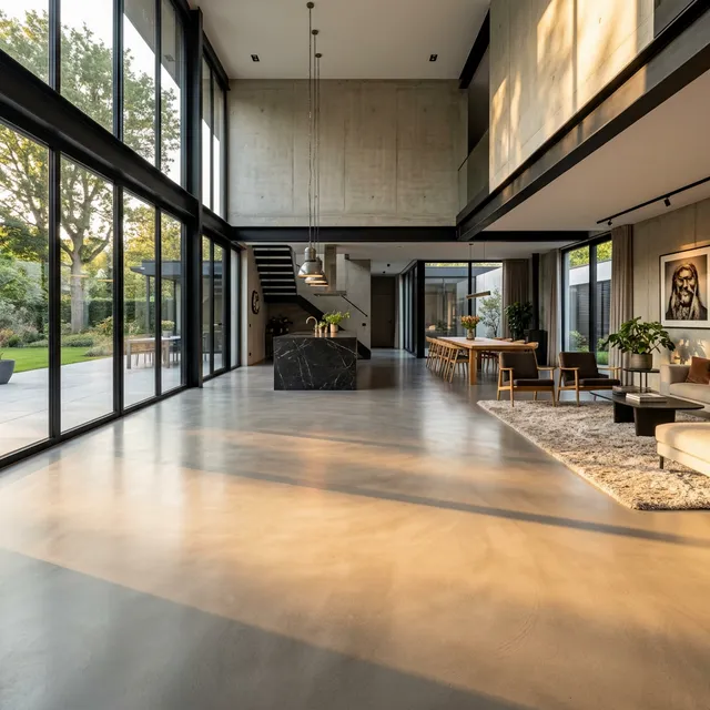 Luksusowa posadzka z wylewki anhydrytowej w minimalistycznym wnętrzu